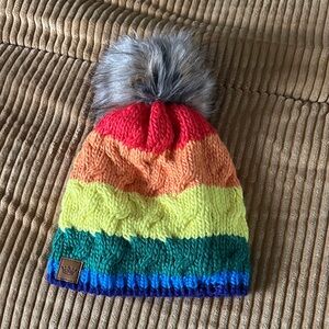 Panache Rainbow Knit Hat with Faux Fur Pom-Pom